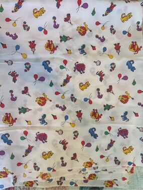 Vintage fabric White with Colorful Circus Animals, clowns, and balloons